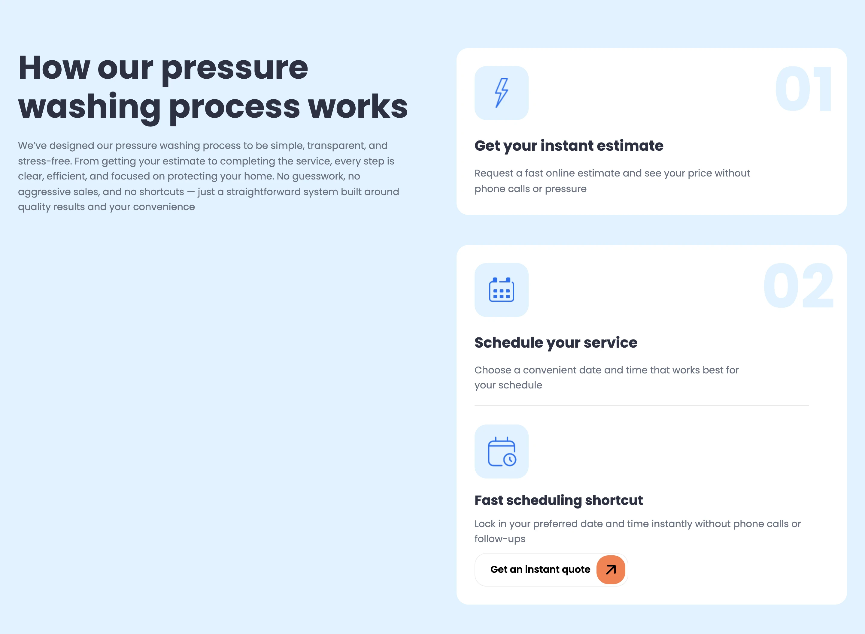 How-it-works section — instant estimate, scheduling and a fast scheduling shortcut