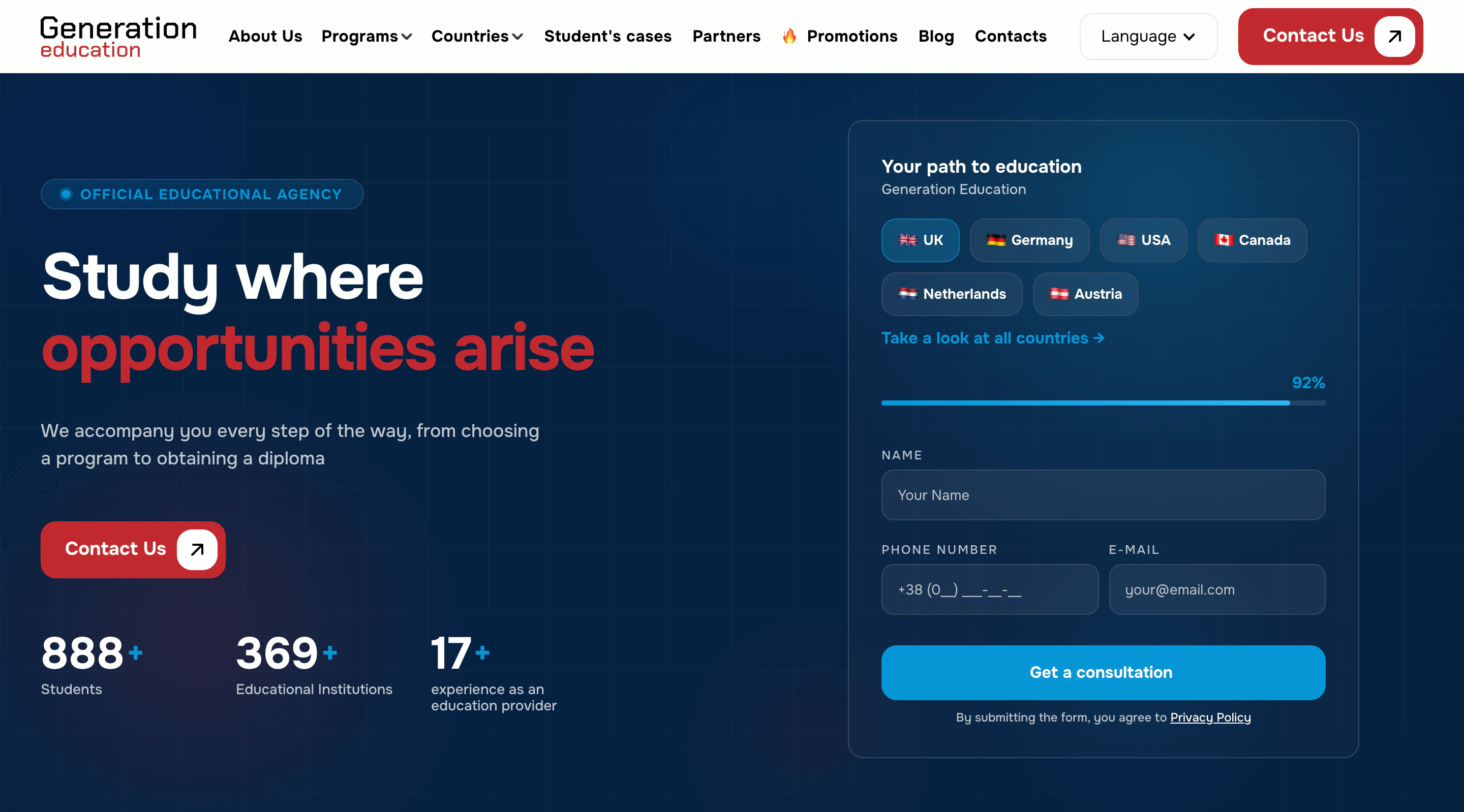 Generation Education homepage — “study where opportunities arise” hero beside the program-matcher, with 888+ students, 369+ institutions and 17+ years