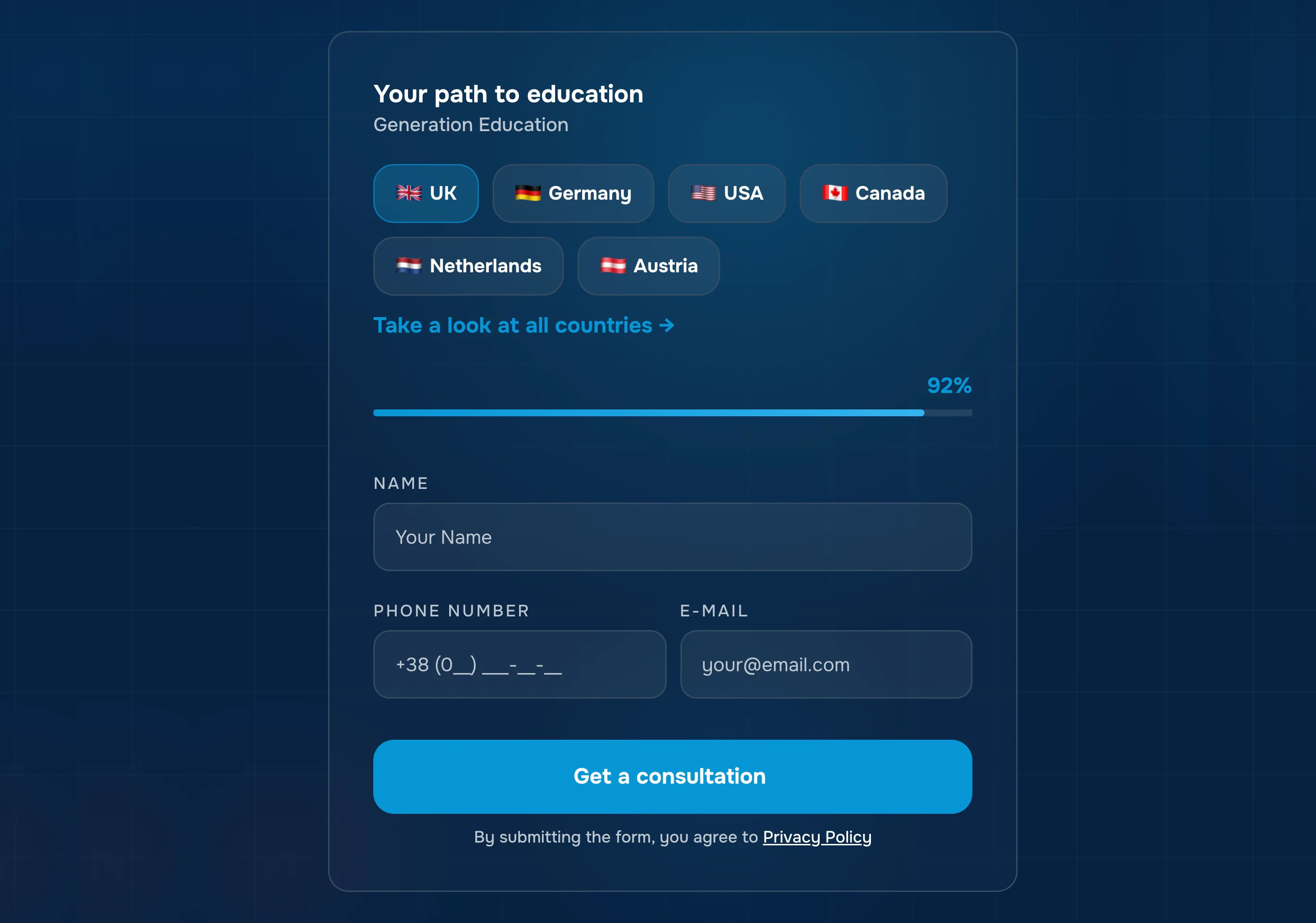 Program-matcher from the hero — pick a country (UK, Germany, USA, Canada, Netherlands, Austria), see the admission rate for it, and request a consultation