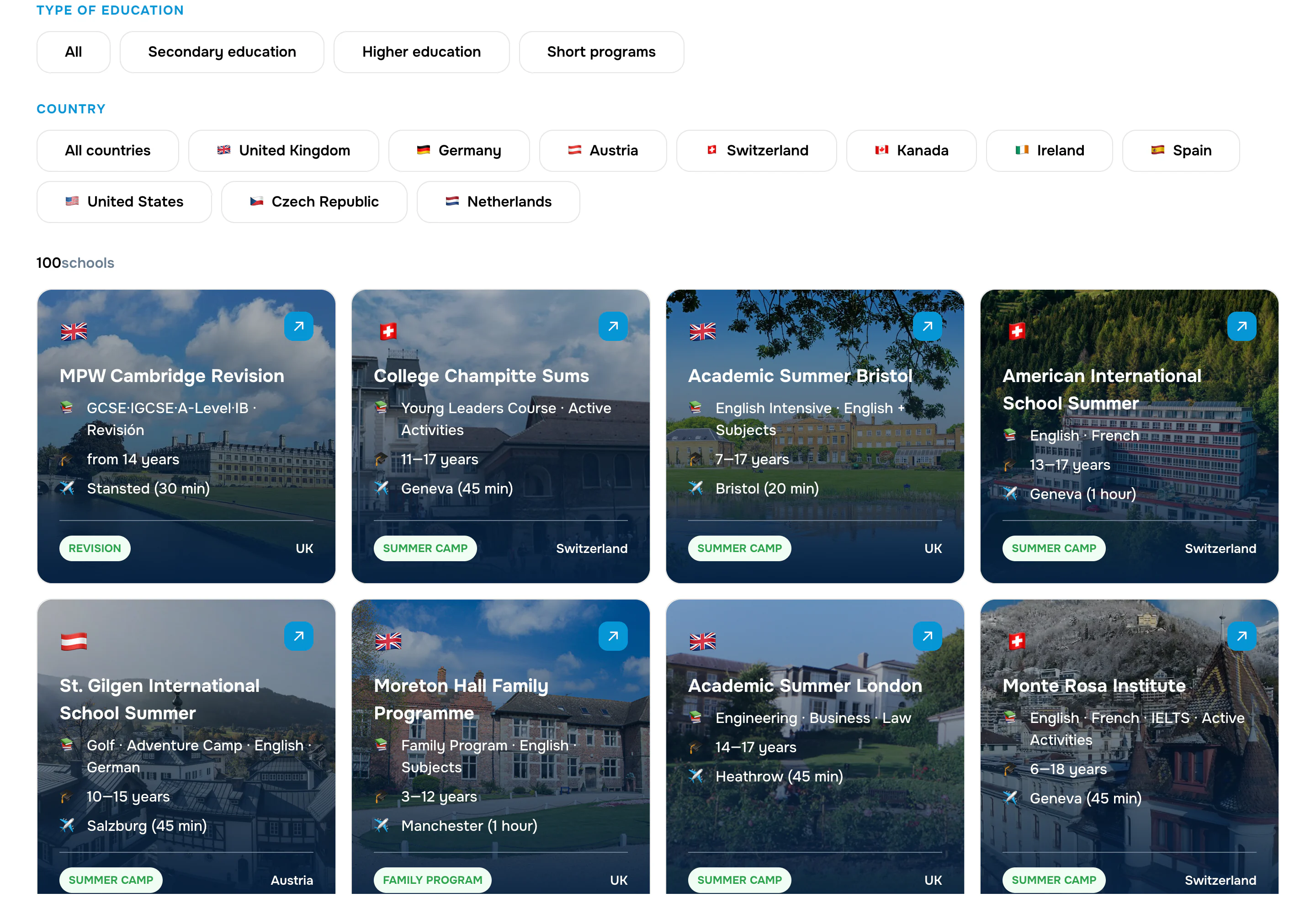 Searchable school database — 100 schools filtered by education type and country, shown as photo cards