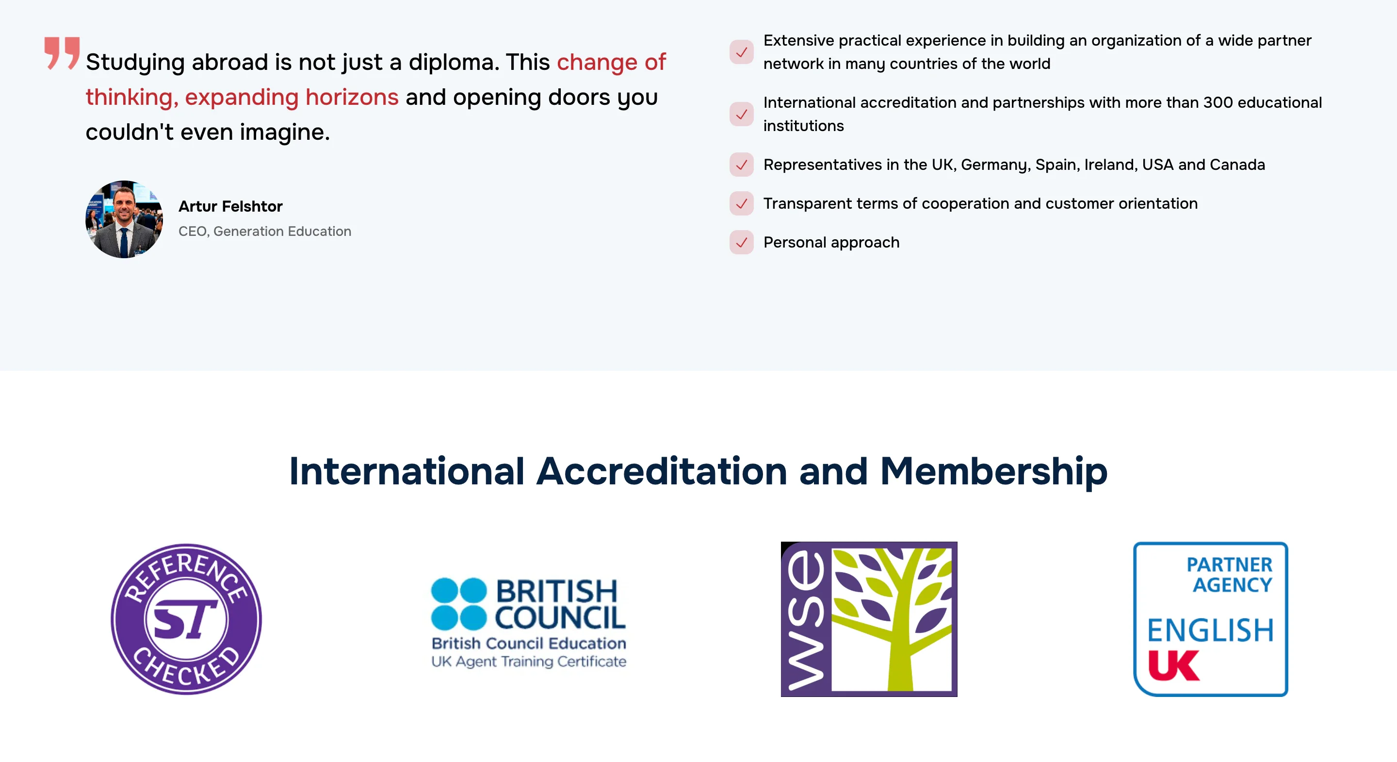 The CEO’s quote beside five reasons to choose Generation Education, above International Accreditation and Membership logos including British Council and English UK