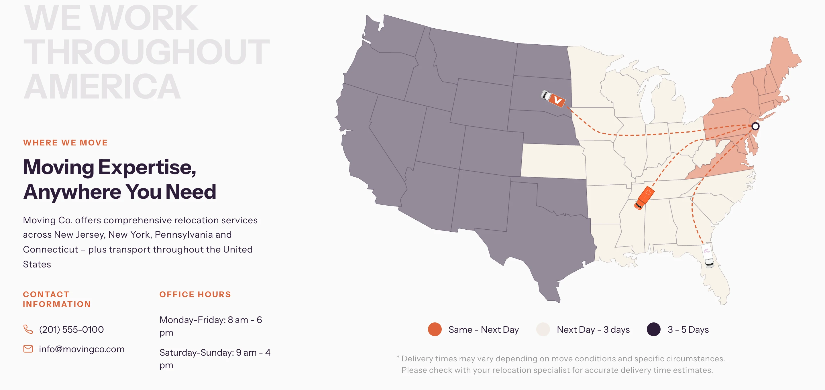 Coverage map — same-day service across NY, NJ, CT, PA and nationwide long-distance