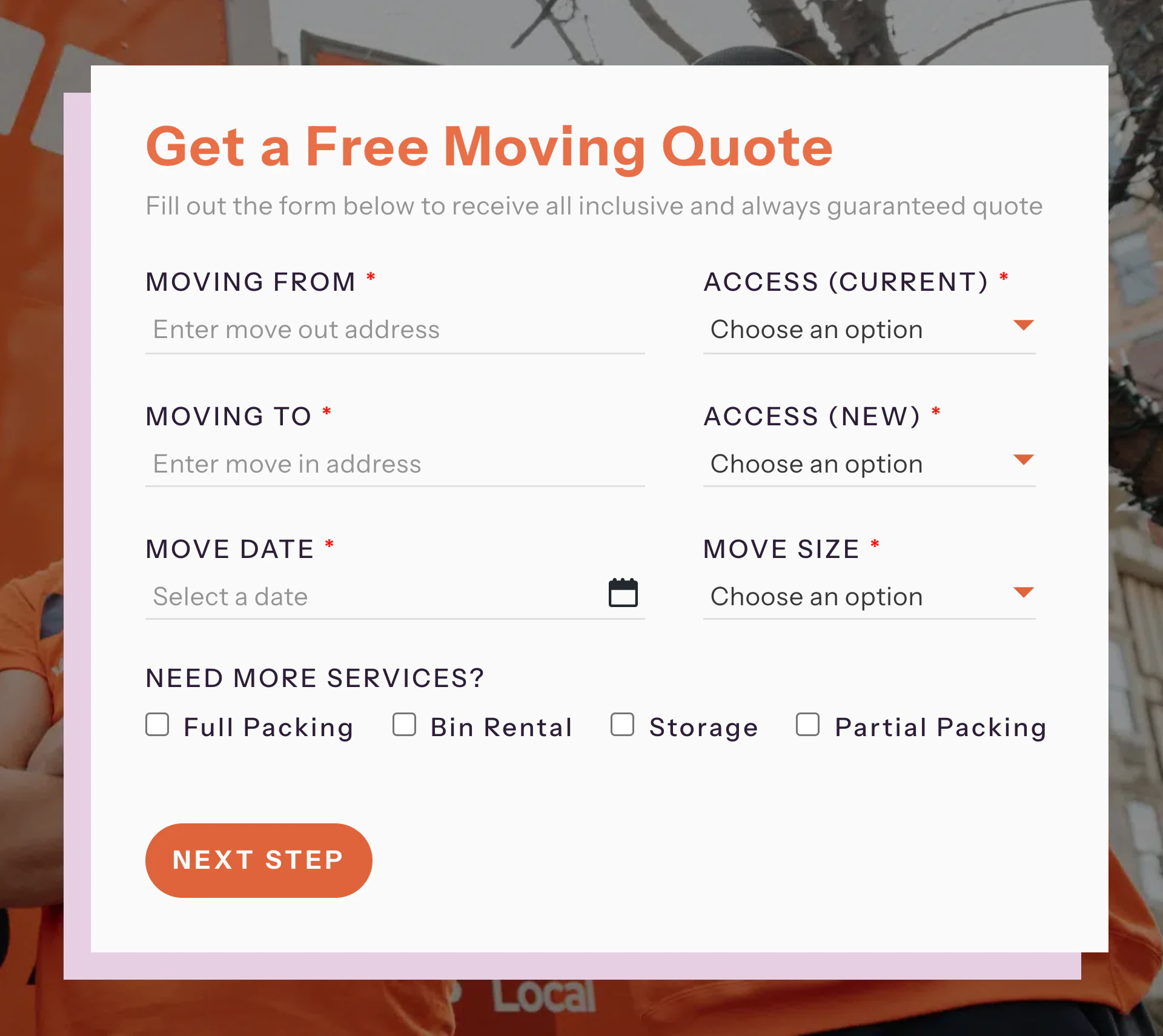 Instant moving-quote widget — address, move size, access and extras in one form