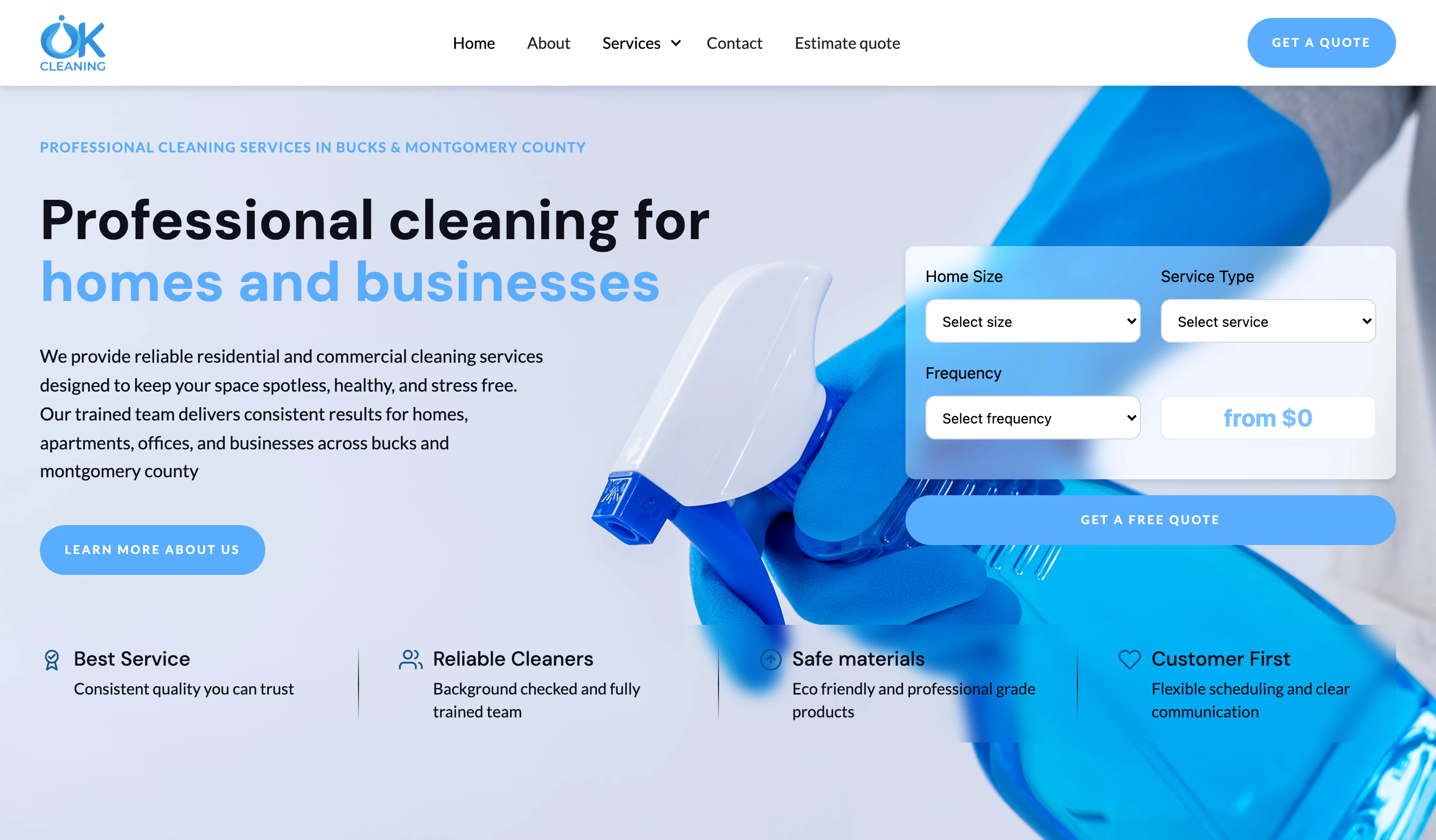 OK Cleaning homepage — hero with an instant-estimate widget