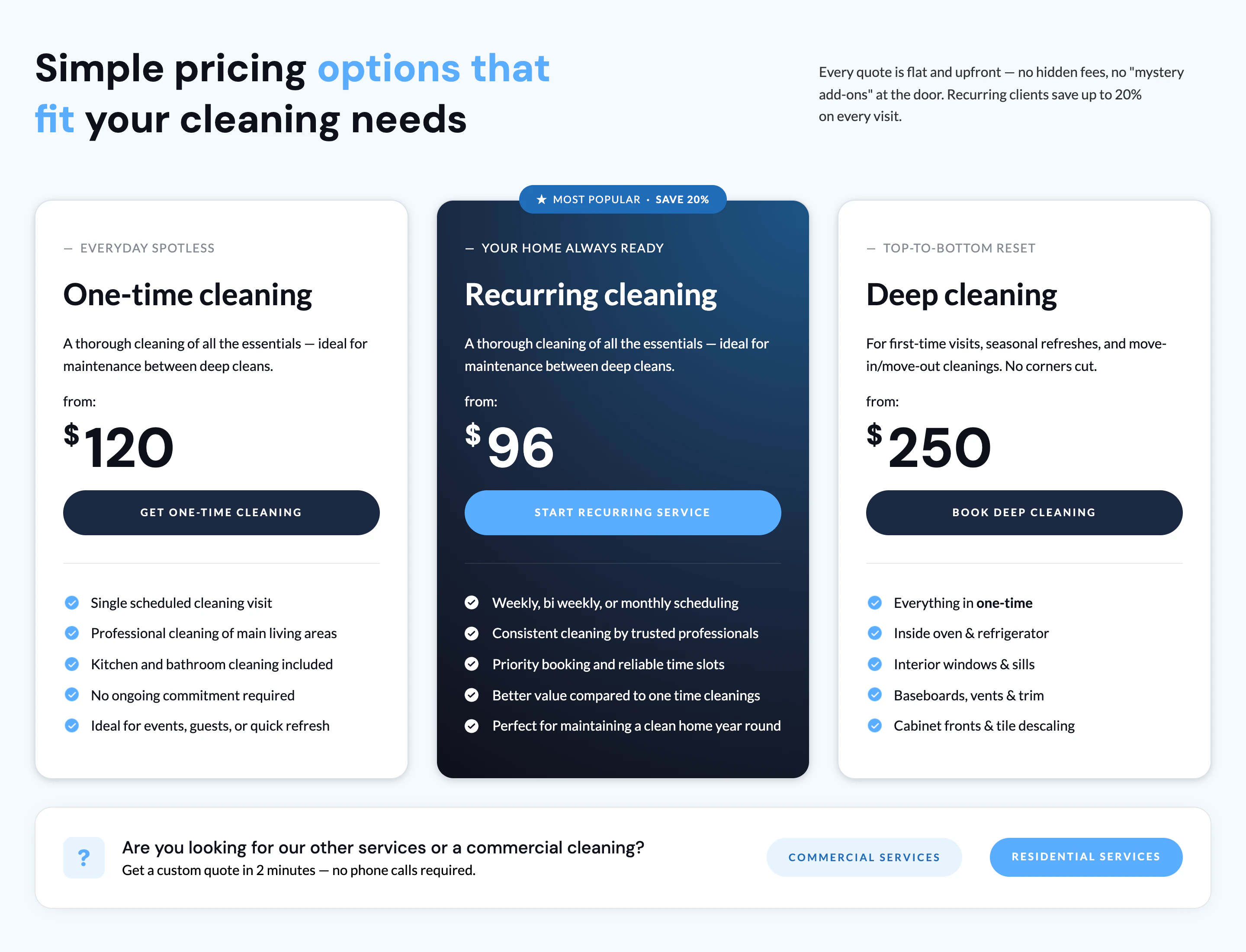Transparent three-tier pricing — one-time, recurring and deep cleaning