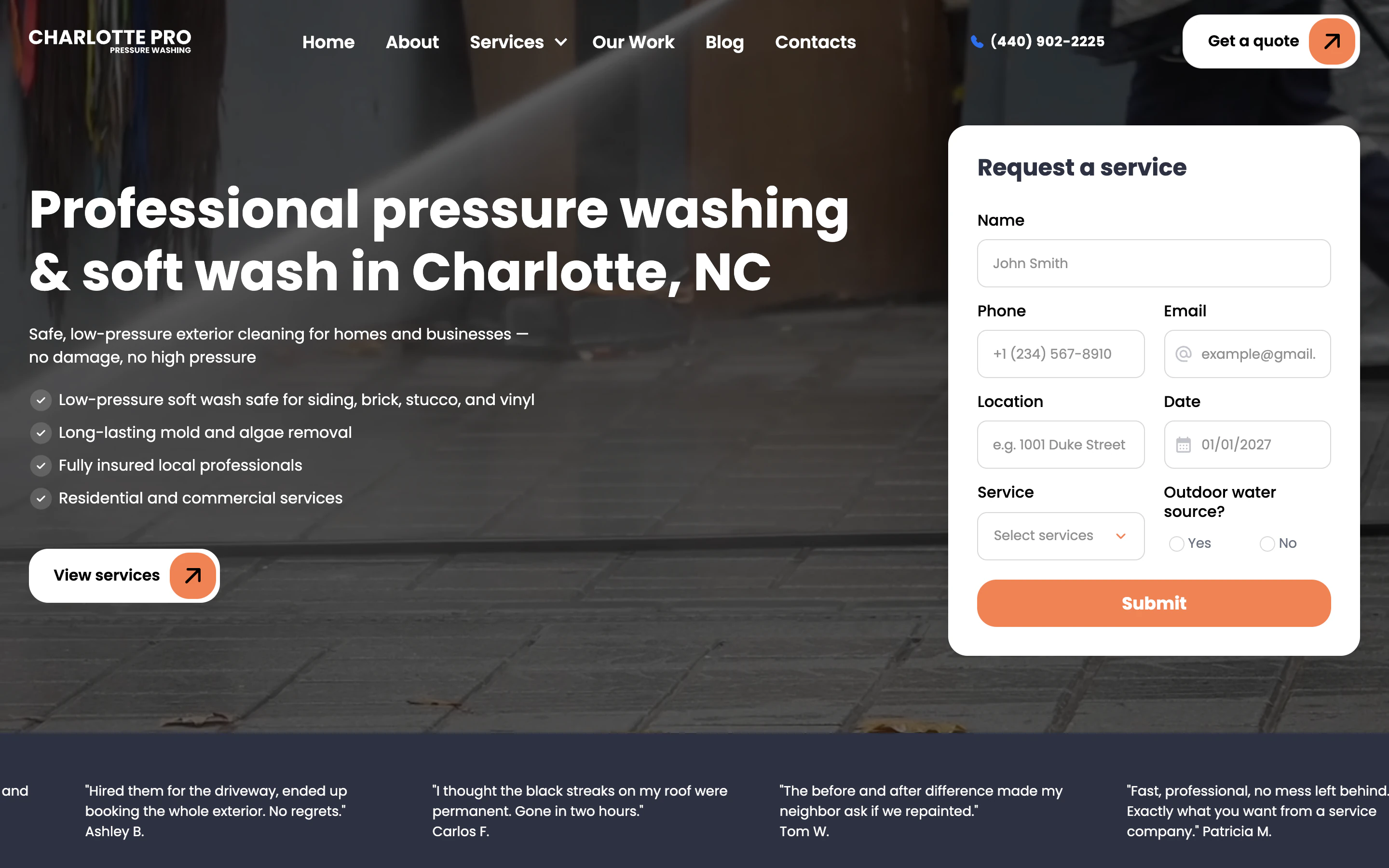 Charlotte Pro Pressure Washing — the full service request form beside the offer, in the first screen