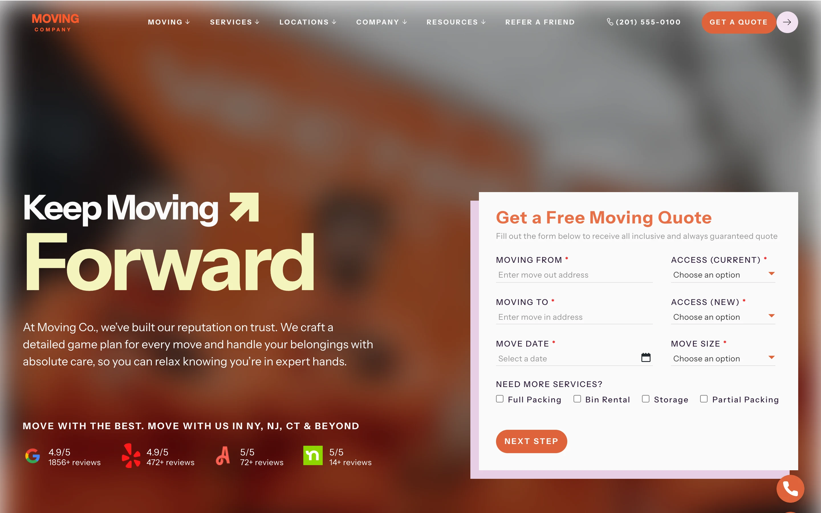A moving company — a multi-step quote calculator in the first screen, with review proof from four platforms directly beneath it.